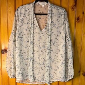 Umgee Sheer Floral V-Neck Blouse in Cream and Blue